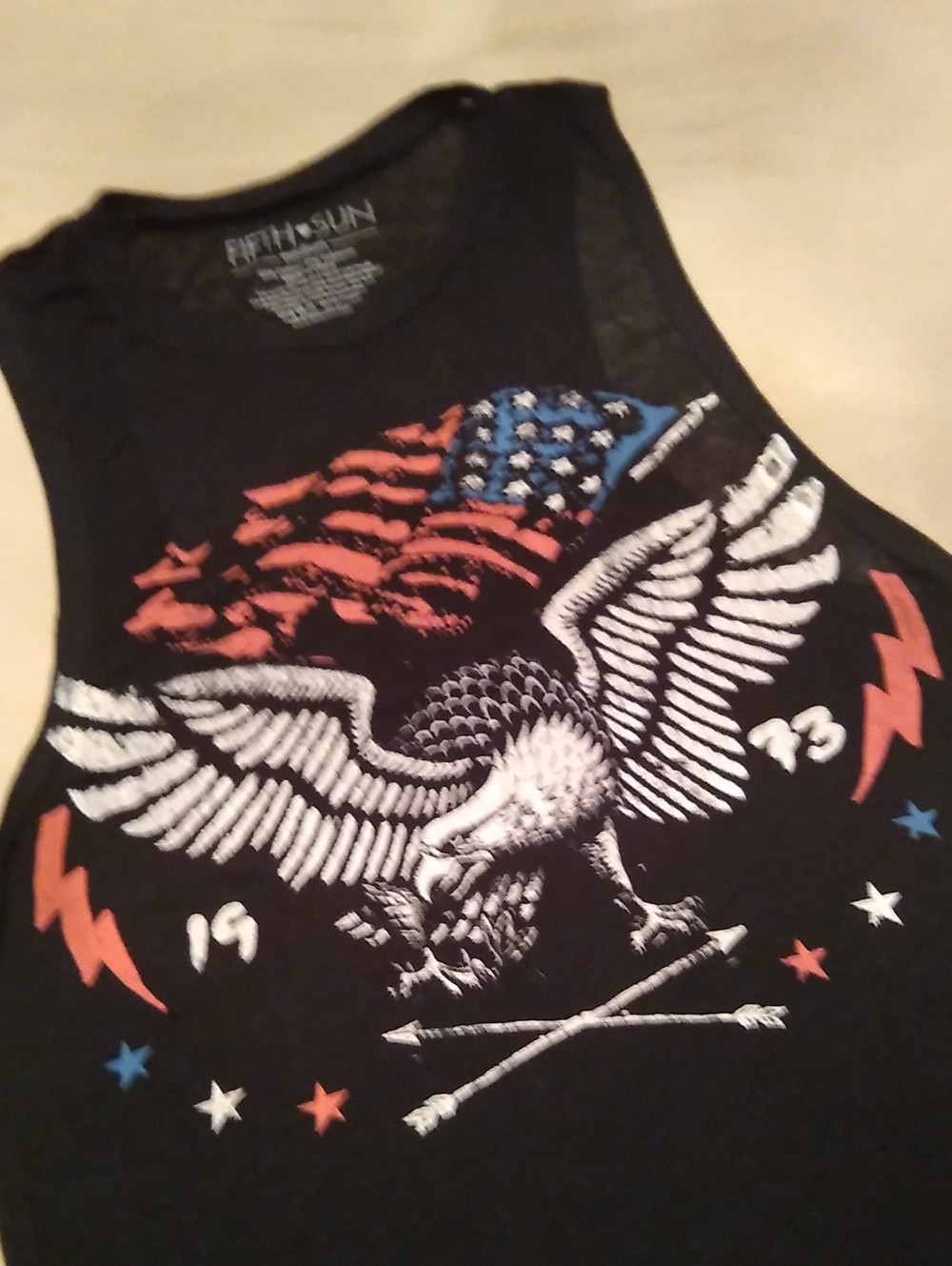 Fifth Sun Black Tank Top with White Eagle & Red/Blue Accents